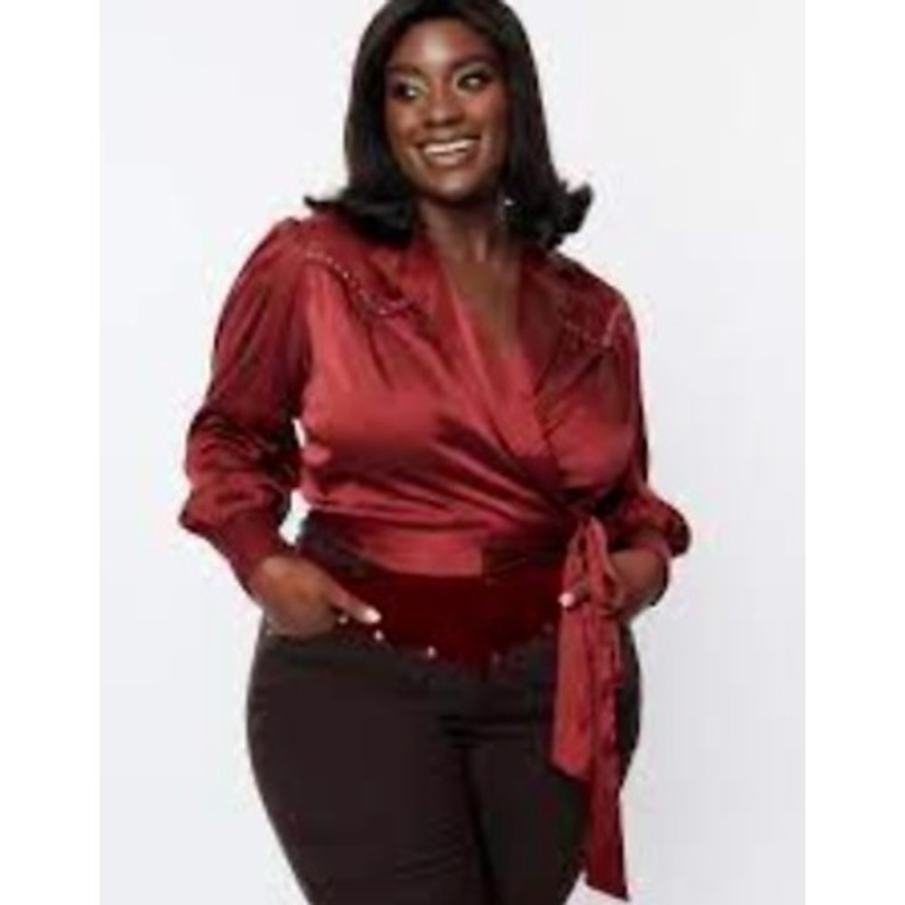 Unique Vintage Burgundy Wrap Top‎ Studded Western Blouse Long Sleeve XL/14